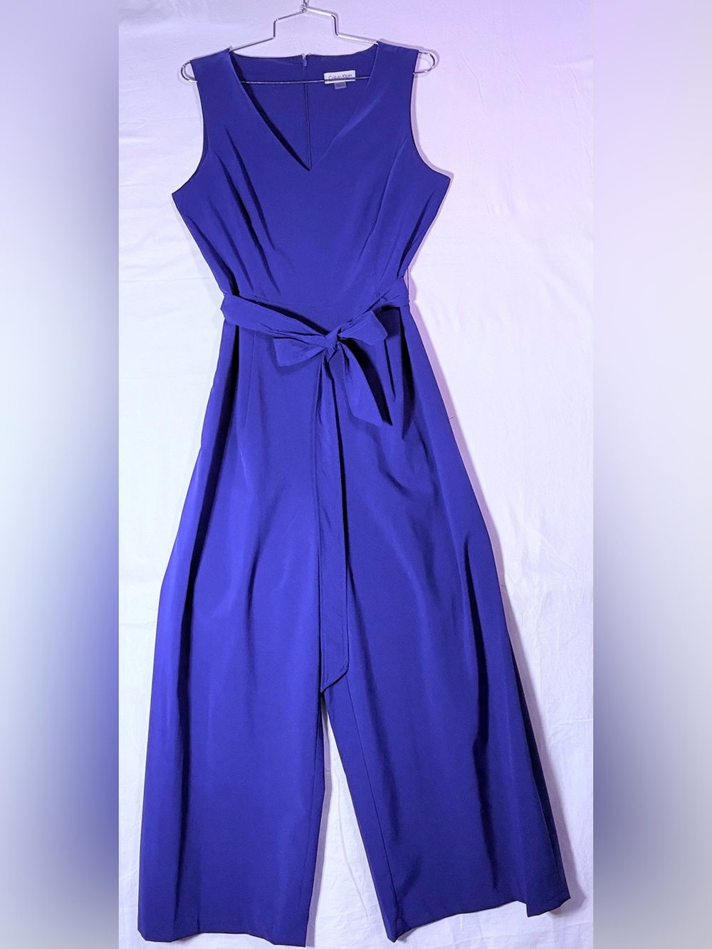 Calvin Klein Sleeveless V-Neck Belted Jumpsuit in Blue